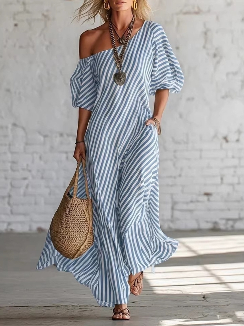 Blue Full Size Striped One-Shoulder Casual Maxi Dress Multiple Sizes - Picture 1 of 3
